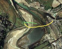 Late 1700s in yellow, Shorter route in green | Restore a causeway across from the Spit to Lelant Quay